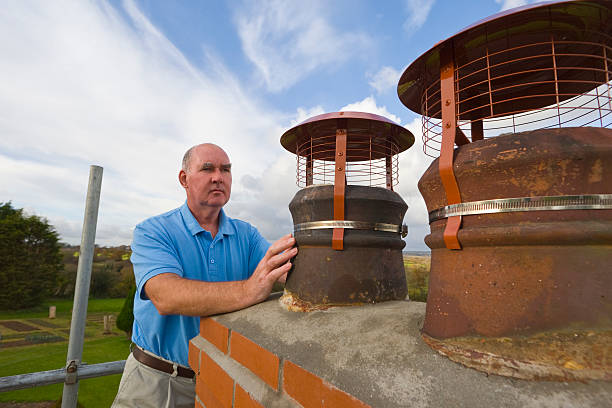 Ultra wide angle lens view of this builder completing a new chimney.