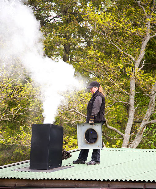 Female chimney sweeper checking out a chimney with white smoke.See also my LB: