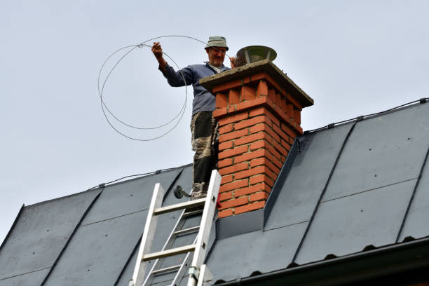 A chimneyer climbs a ladder to the roof to repair a chimney